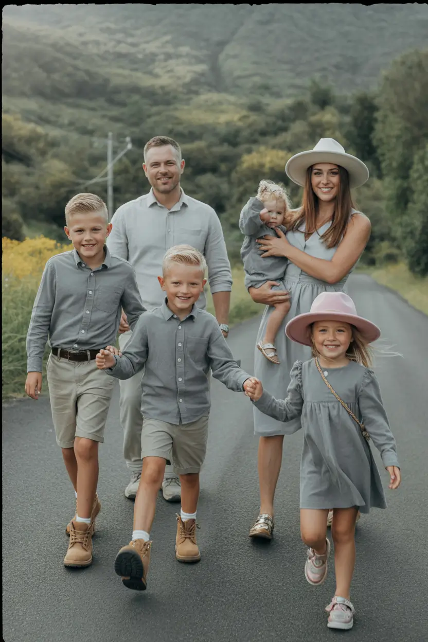 Fall outfits for Family Pictures 2025 Dusty Blue & Roadtrip Romance