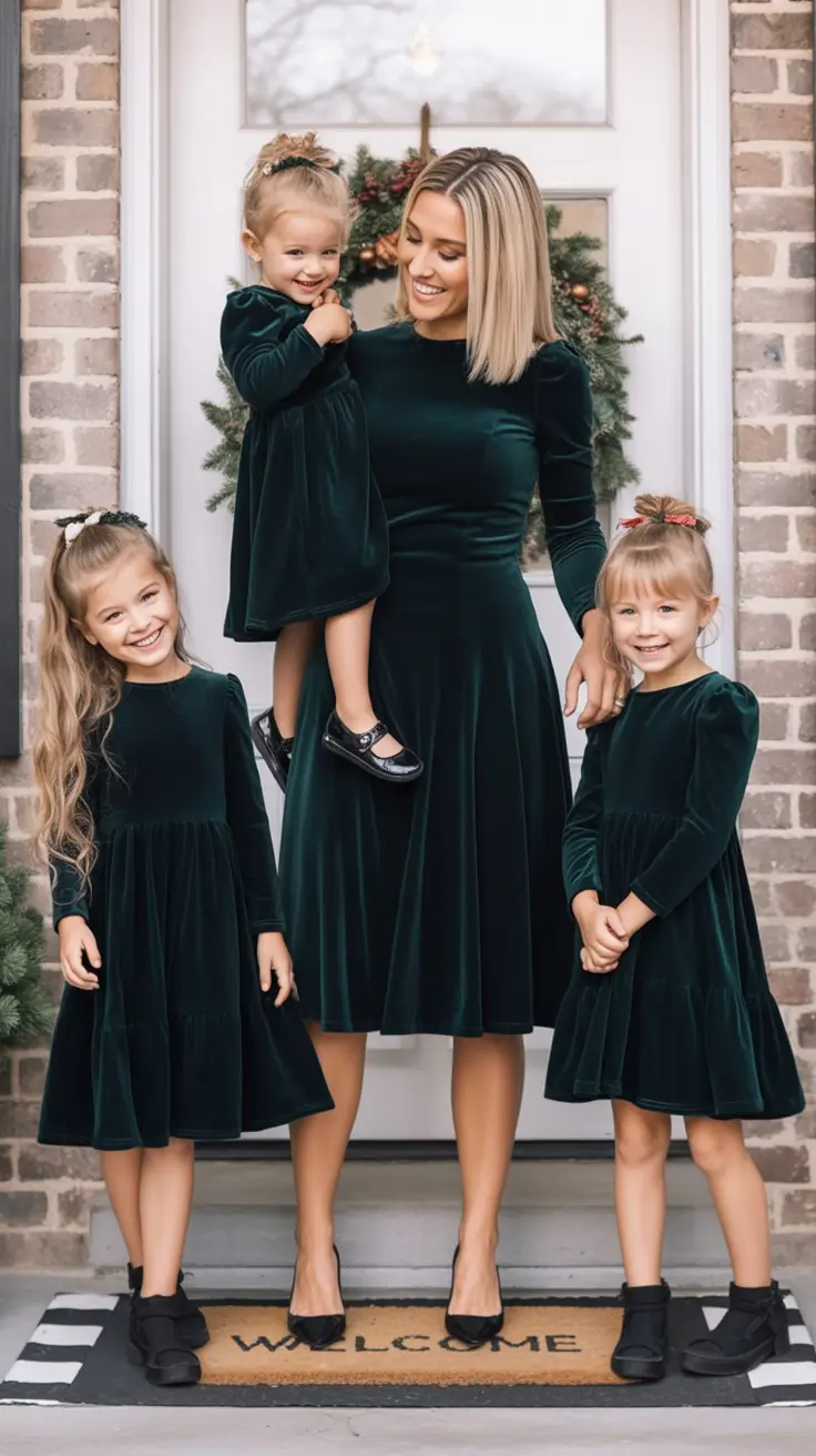 Fall outfits for Family Pictures 2025 Evergreen Velvet for Elegant Minis