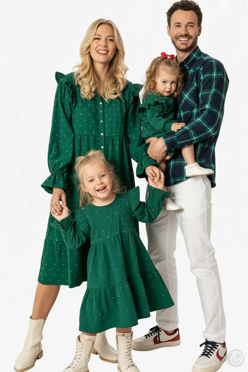 Fall outfits for Family Pictures 2025 Playful Polka Dots in Pine Green