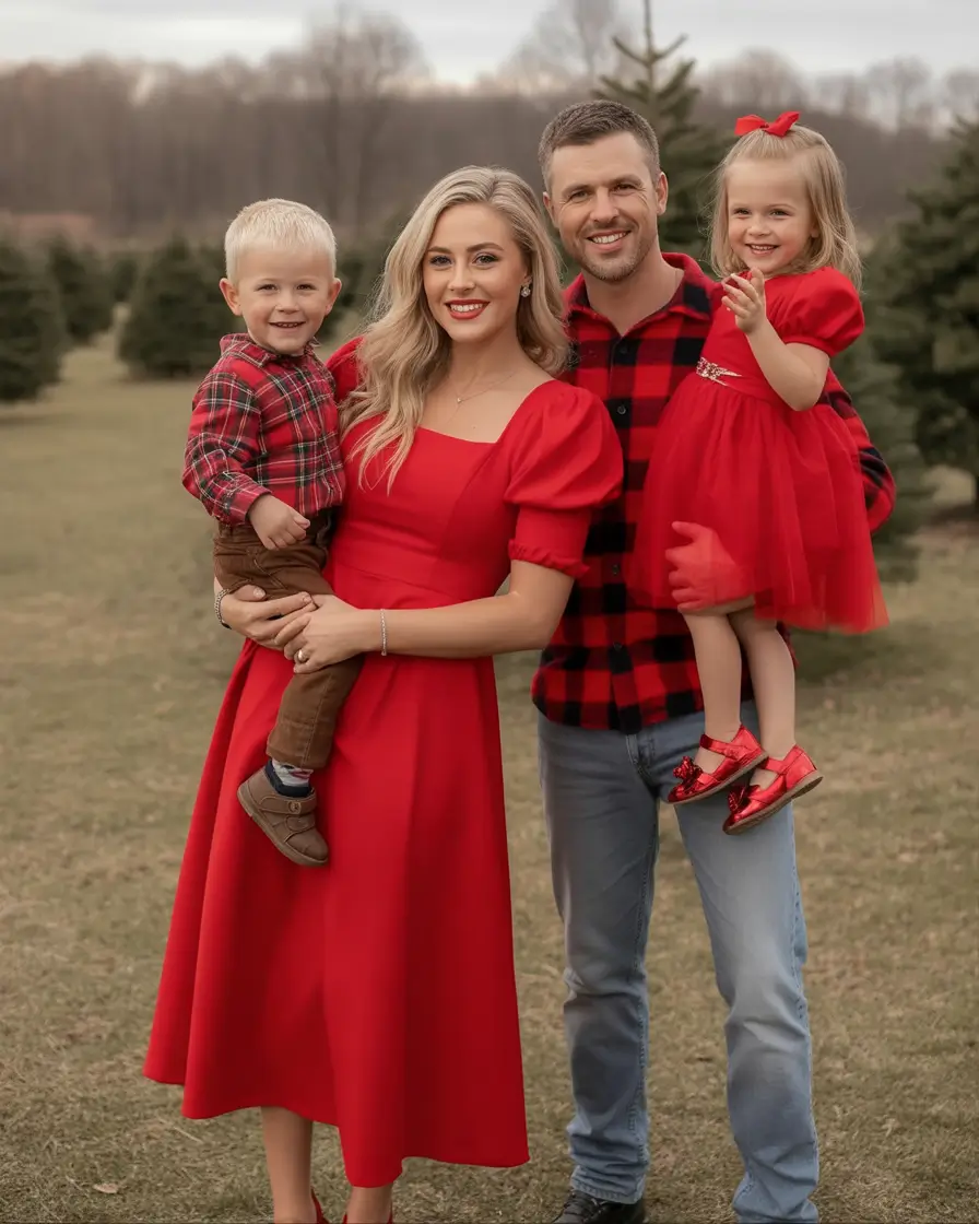 Fall outfits for Family Pictures 2025 Red Radiance at the Tree Farm