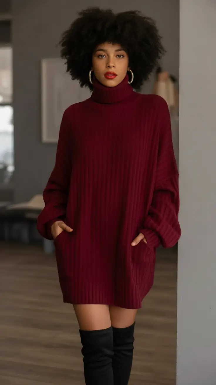 fall fashion inspo for women Cozy Bordeaux Knit, Sleek Overknees