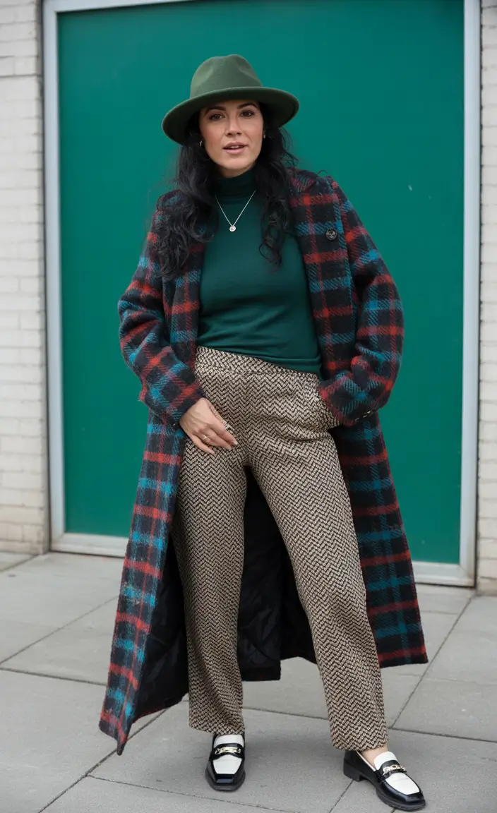 fall fashion inspo for women Pattern Clash & Forest Green Sophistication