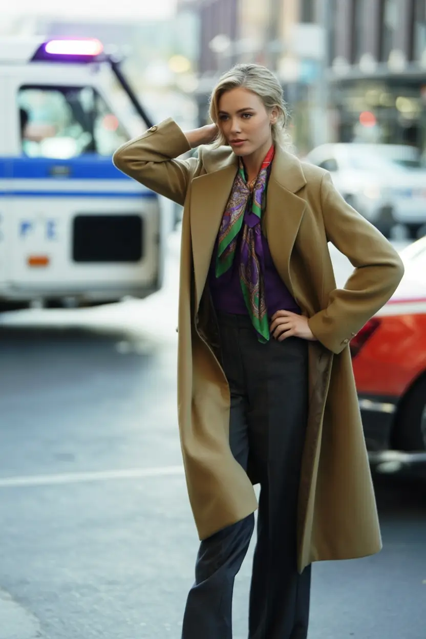 fall fashion inspo for women Silk Scarf Drama and Urban Camel Elegance