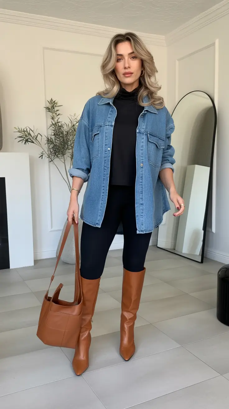fall outfits for women over 30 Denim Shirt Redux with Sleek Boots