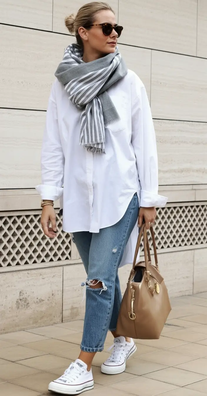 fall outfits for women over 30 Stripes, Scarf & Relaxed Denim