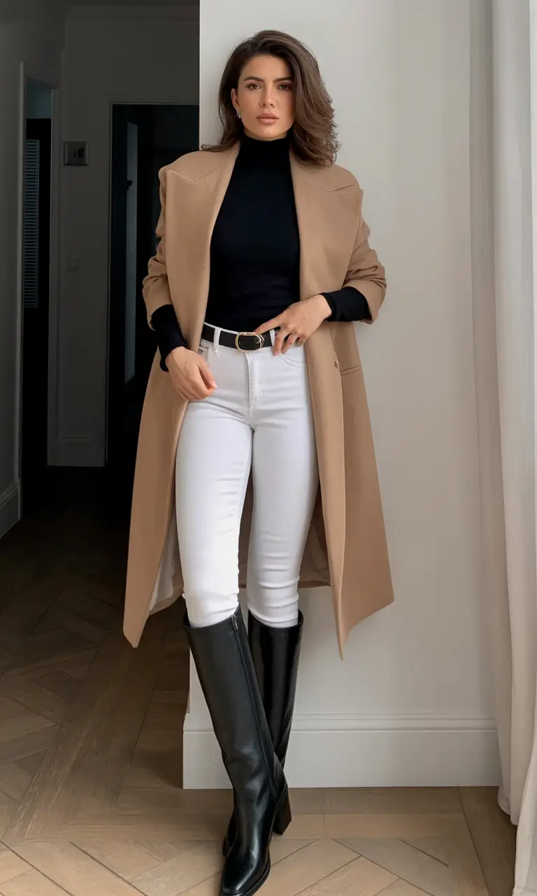 fall outfits for women over 30 Camel Coat & Contrast Layers