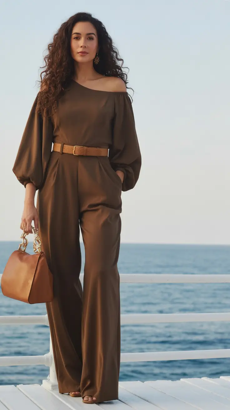 fall outfits for women over 30 Chocolate Hour: One-Shoulder Jumpsuit Chic