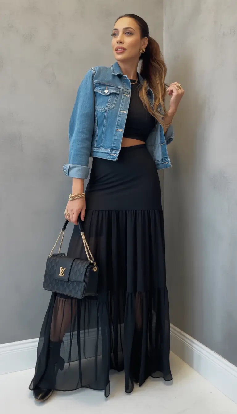 fall outfits for women over 30 Denim Remix: Sheer Skirt Meets City Cool