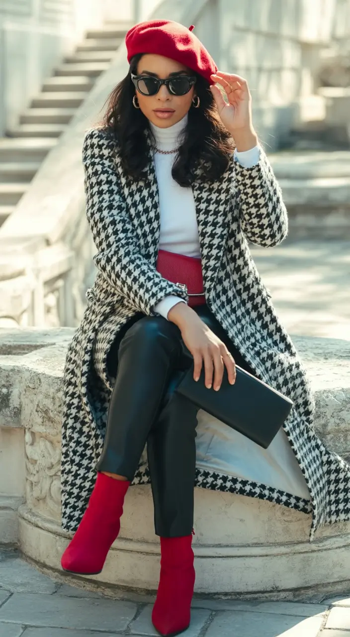 autumn outfits 2025 Houndstooth & Crimson Accents