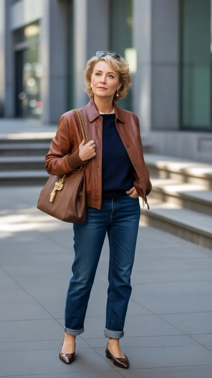 fall-outfits-for-women-over-50-Warm-Leather-and-Polished-Denim