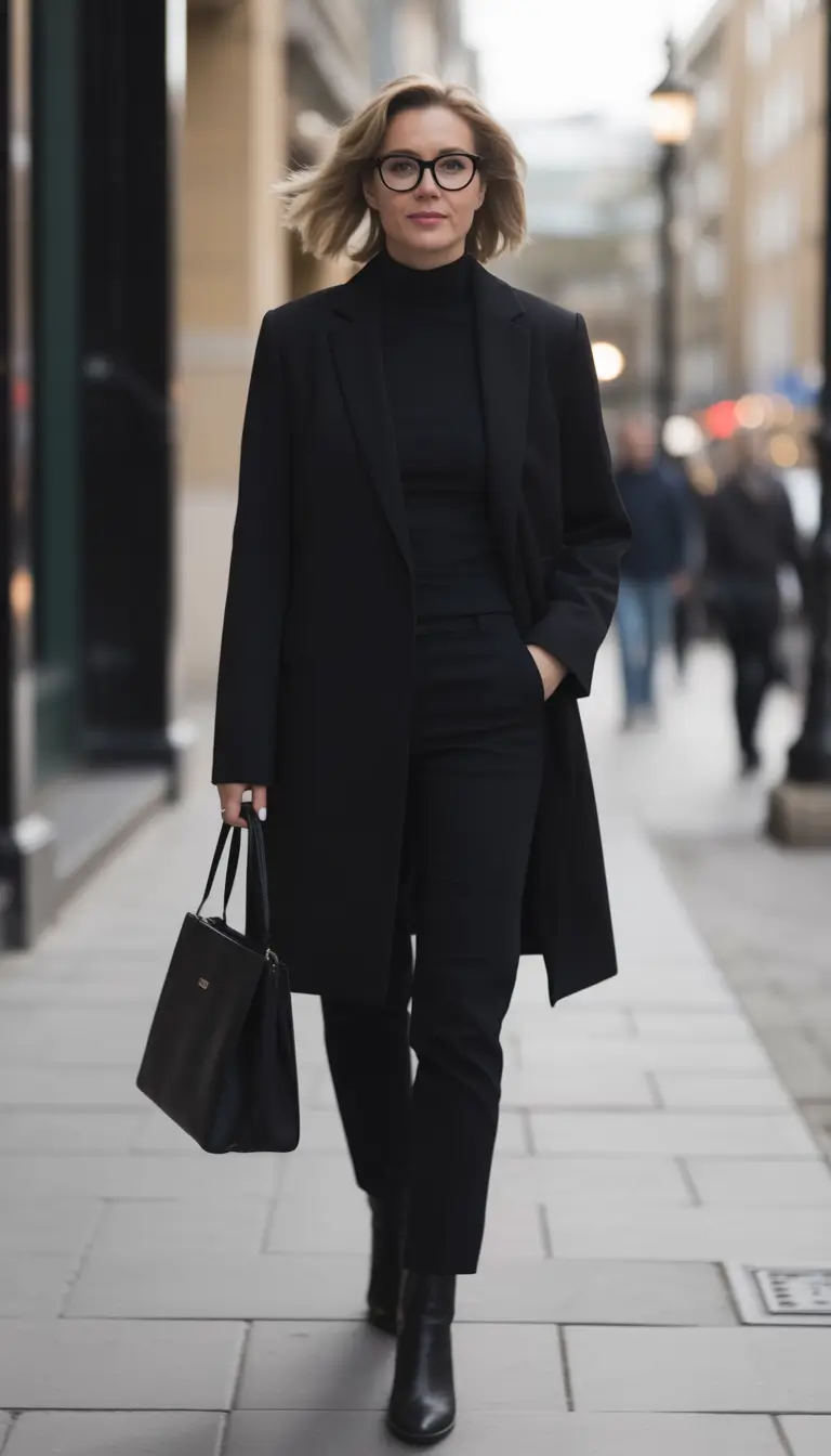fall-outfits-for-women-over-50-Monochrome-Blackout-Modern-Minimalism