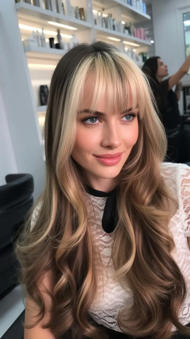 Fall brown hair color Buttercream Bangs and Mocha Waves
