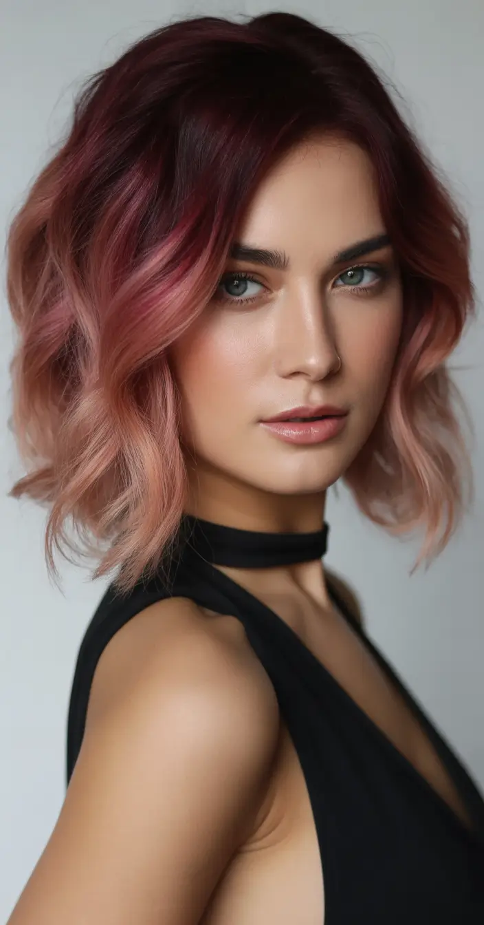 Fall brown hair color Crimson to Peach Gradient Lob