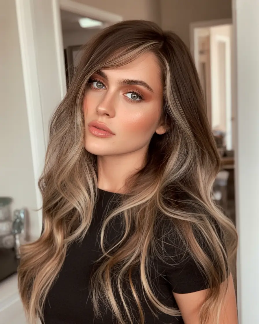 Fall brown hair color Toffee Ribbon Balayage with Lived-In Layers