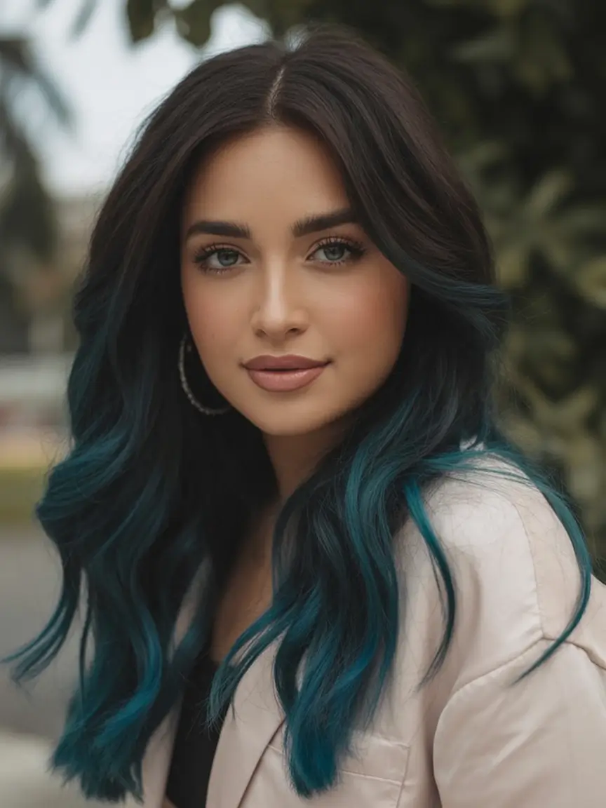 Fall brown hair color Teal-Edged Curls with Midnight Depth