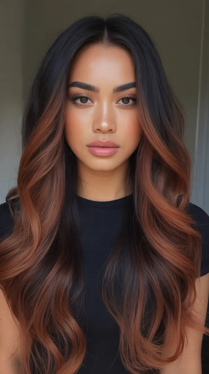 Fall brown hair color Burnt Cinnamon Balayage on Deep Brown