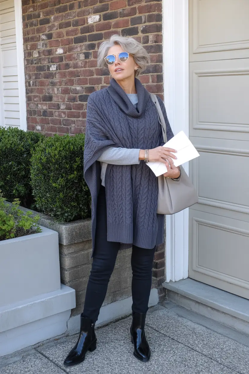 cute fall outfits for women over 60+Cable-Knit Cape: Modern Comfort with a Vintage Heart