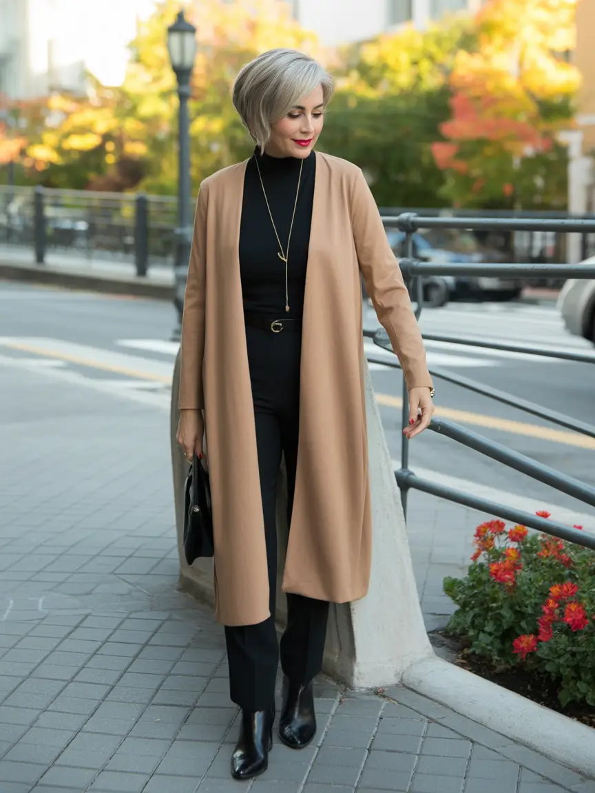 cute fall outfits for women over 60+Streamlined Sophistication in Camel and Black