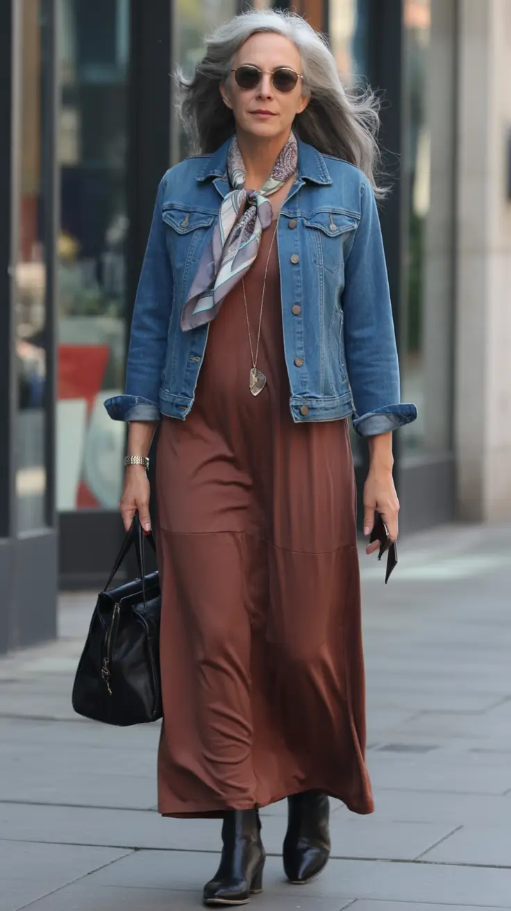 cute fall outfits for women over 60+Denim Jacket + Earthy Dress = Street-Ready Cool