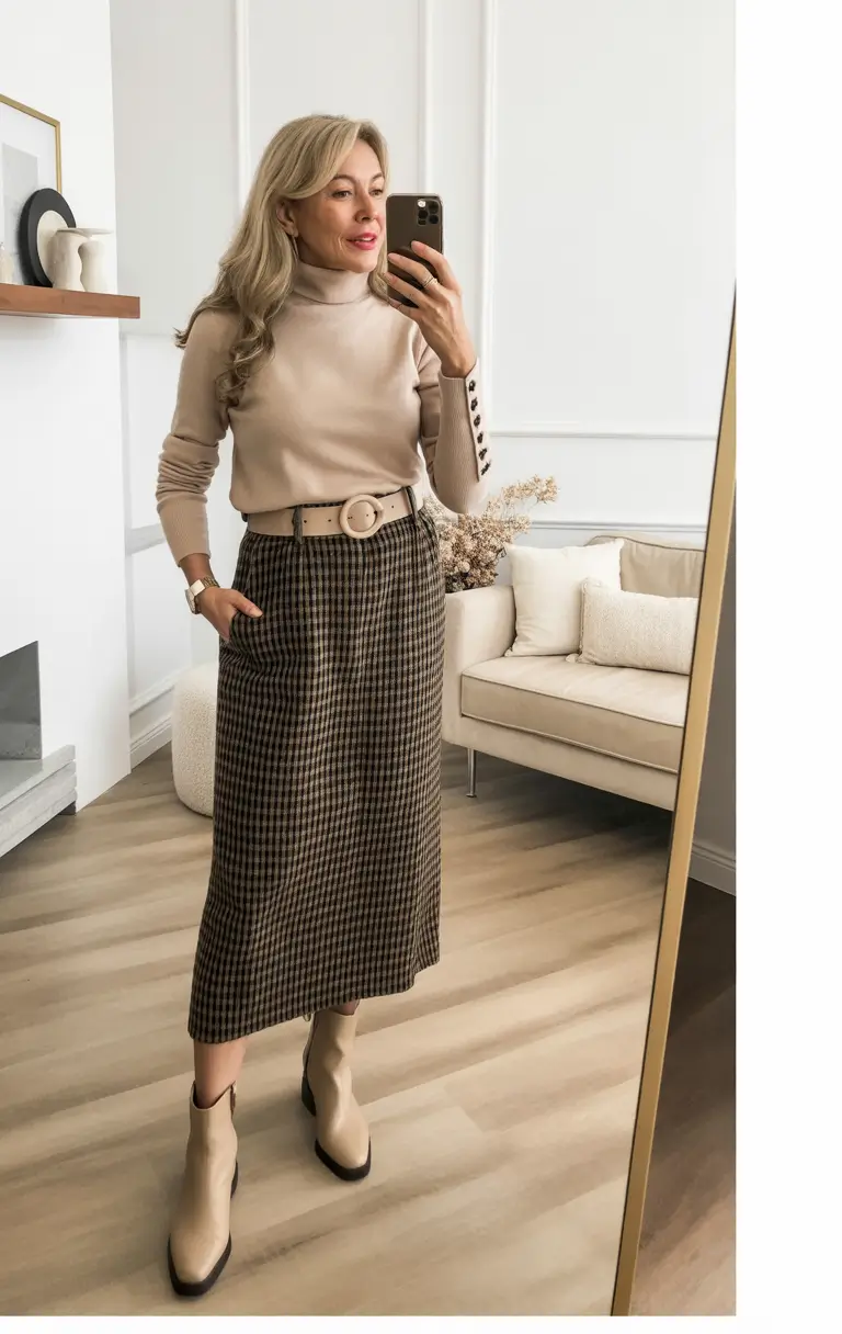 cute fall outfits for women over 60+Autumn Elegance in Soft Caramel and Houndstooth