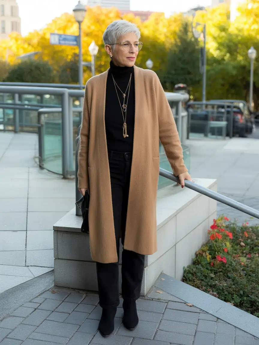 cute fall outfits for women over 60+Minimalist Neutrals with Long-Line Grace