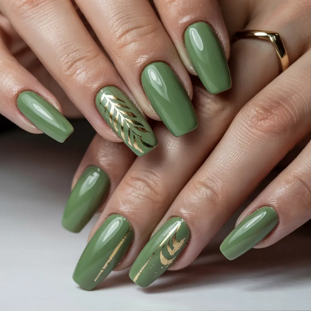 August nails design Olive Luxe with Gold Foil
