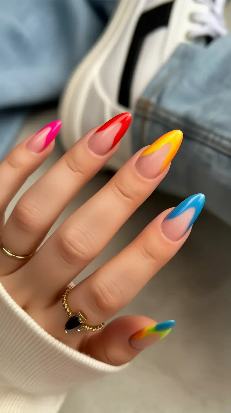 August nails design Chrome Rainbow Frenchies
