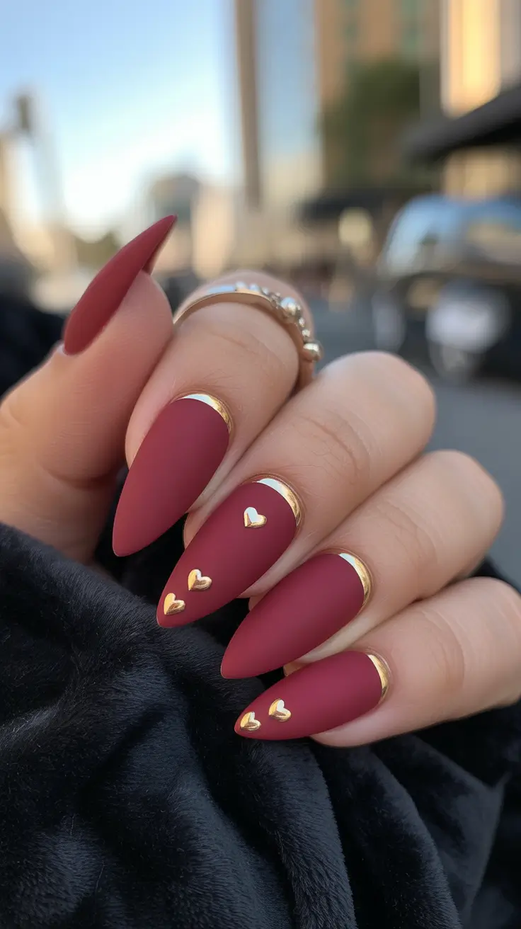 August nails design Velvet Hearts & Gold Dreams