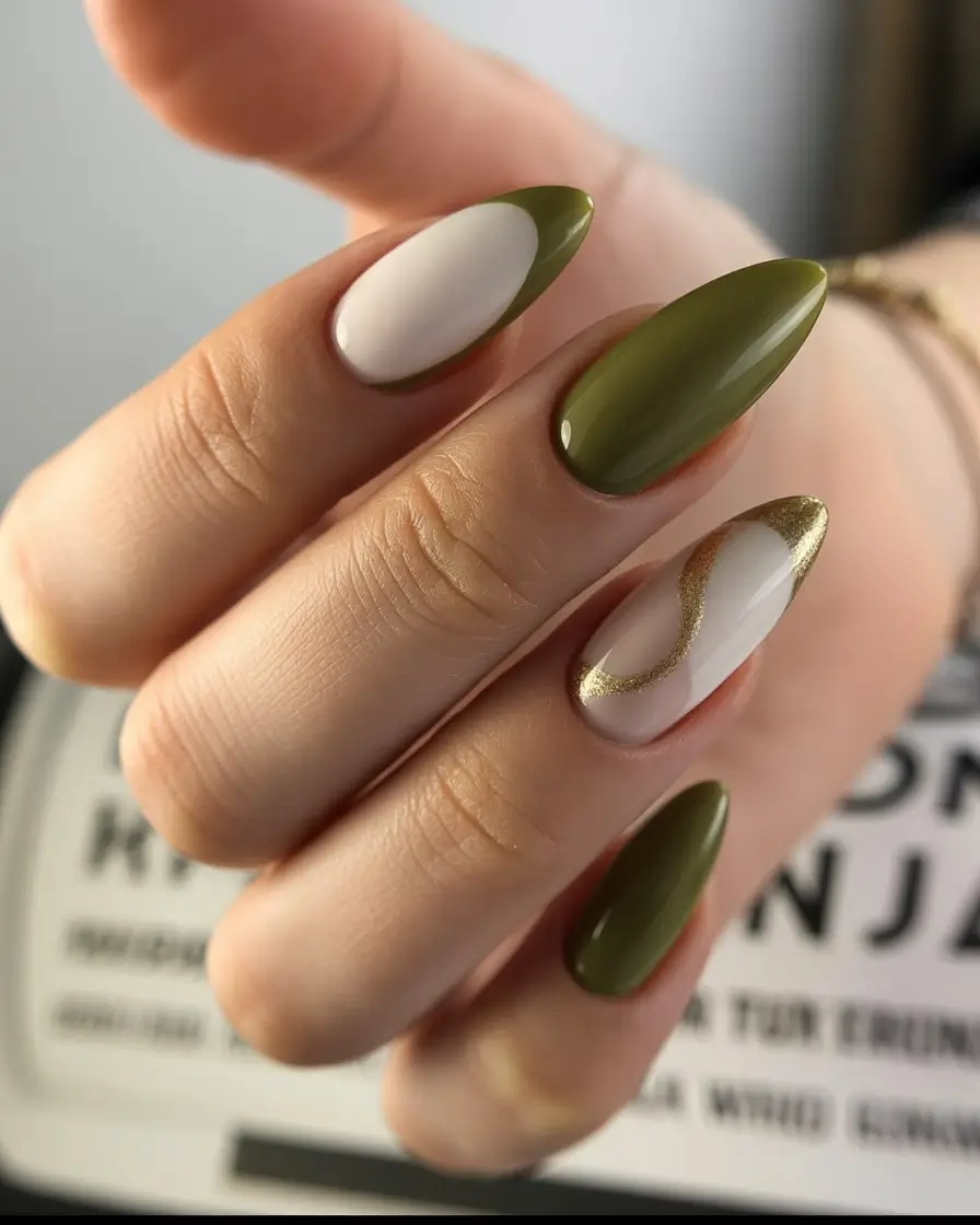 August nails design Olive Chic with a Hint of Glam