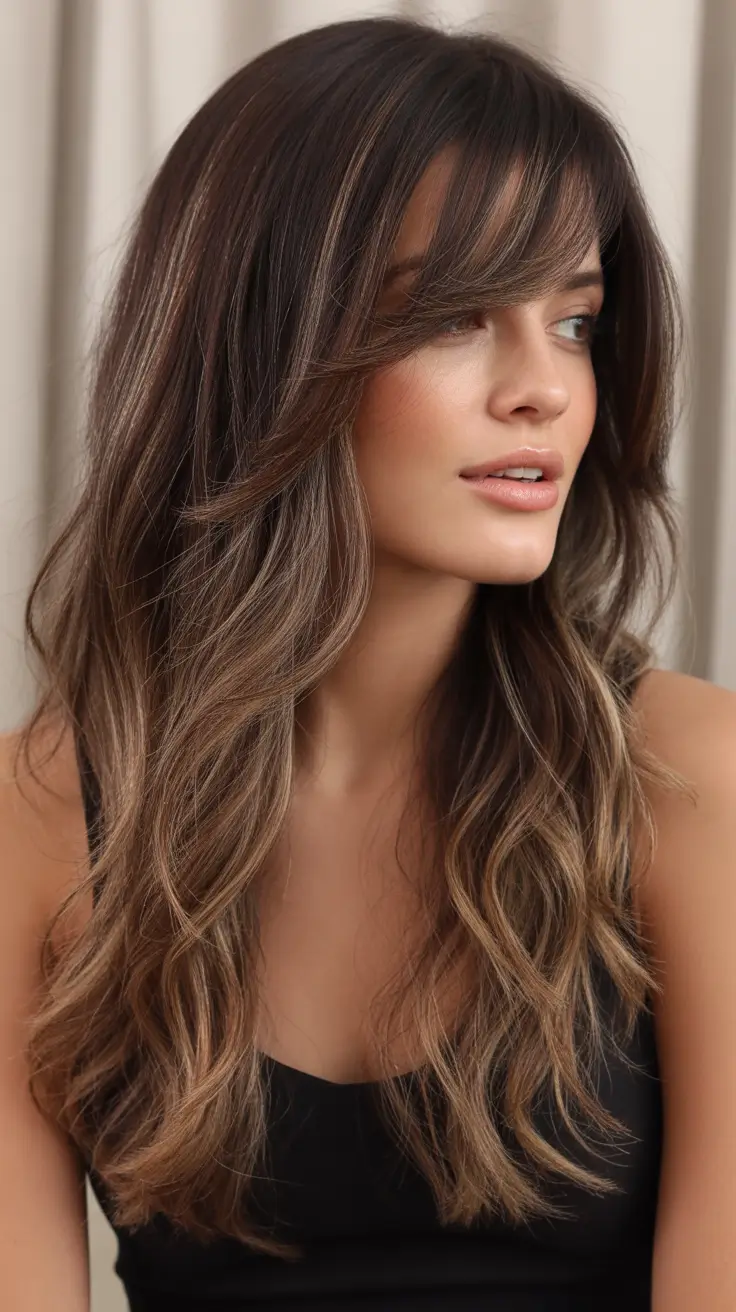 August hair color Chocolate Fade with Curtain Bangs