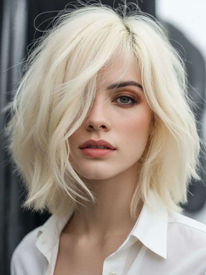 August hair color Icy Platinum Bob with Shattered Layers