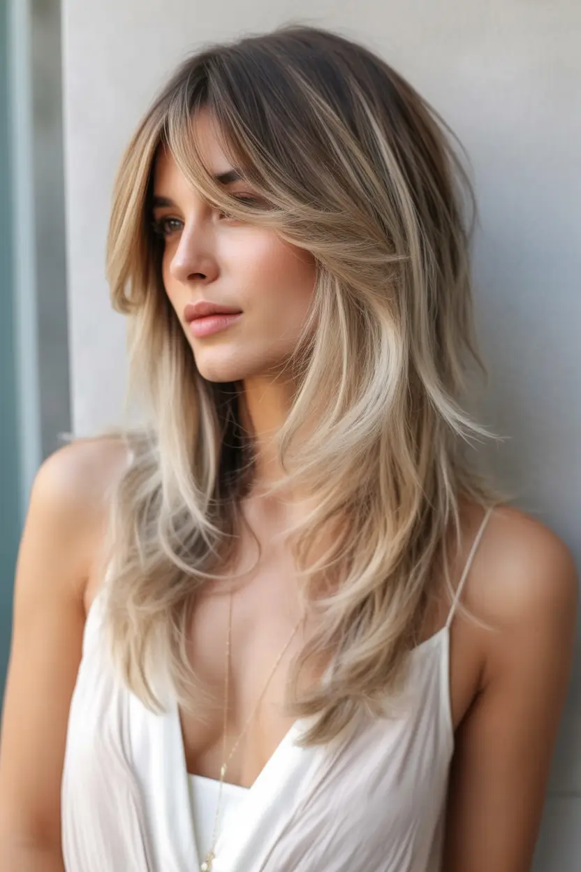 August hair color Layered Beige Blonde with Root Shadow
