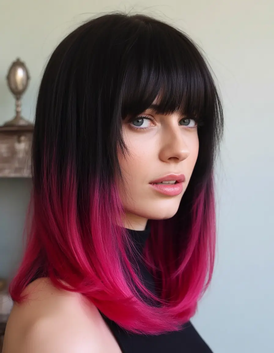 August hair color Jet Black with Fuchsia Dip-Dye