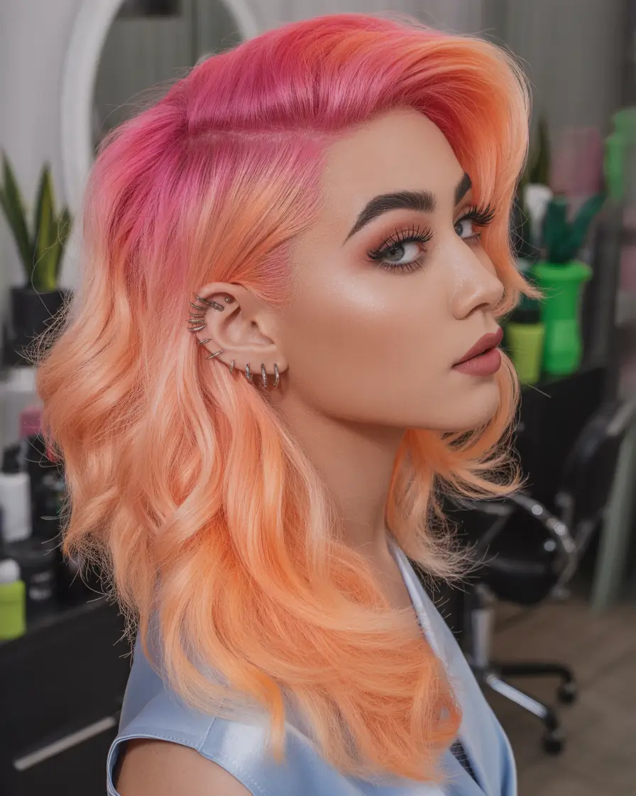 August hair color Coral + Bubblegum Swoop Fade