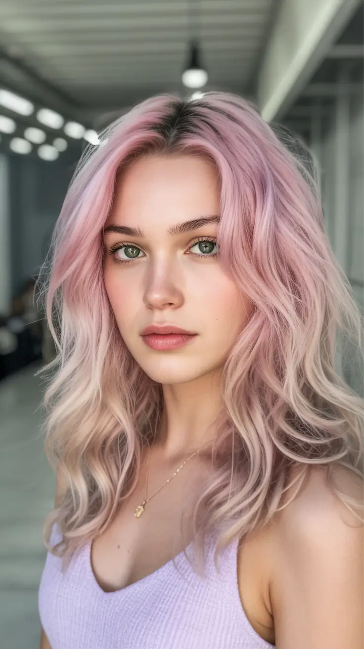 August hair color Pastel Dusty Rose with Root Melt