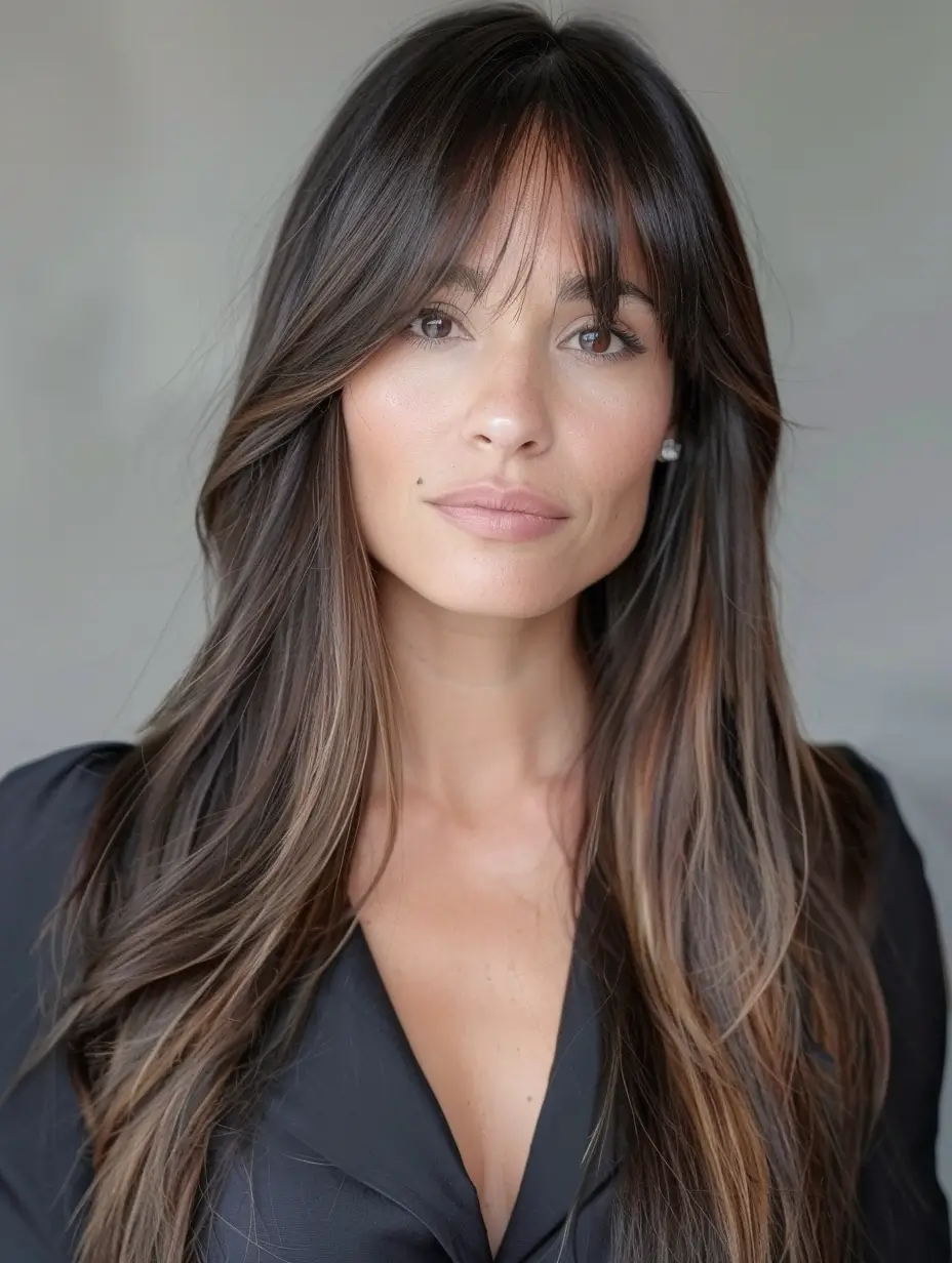 August hair color Brunette Melt with Shadowed Curtain Bangs