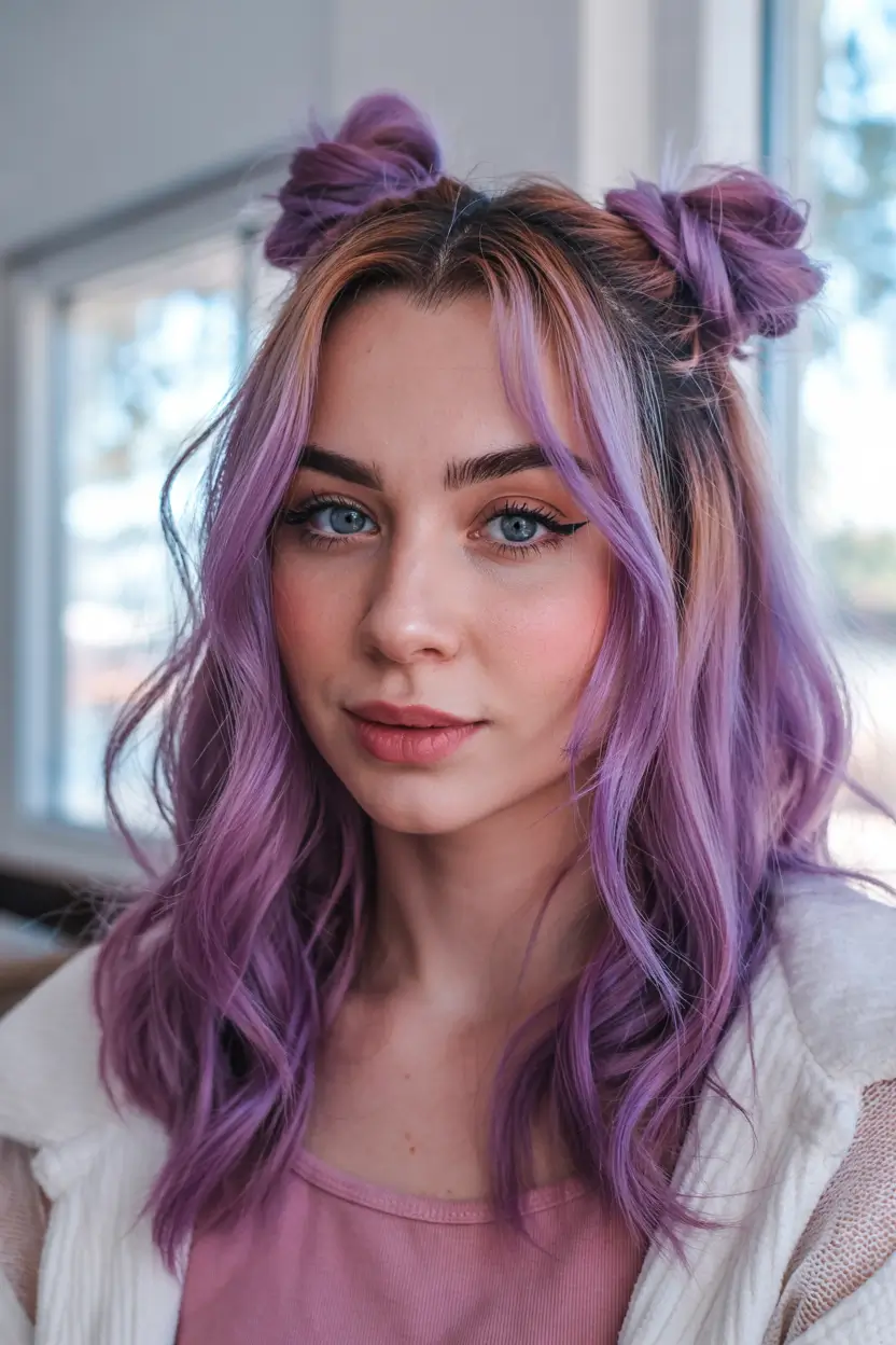 August hair color Pastel Lilac Buns with Rose Blonde Underlay