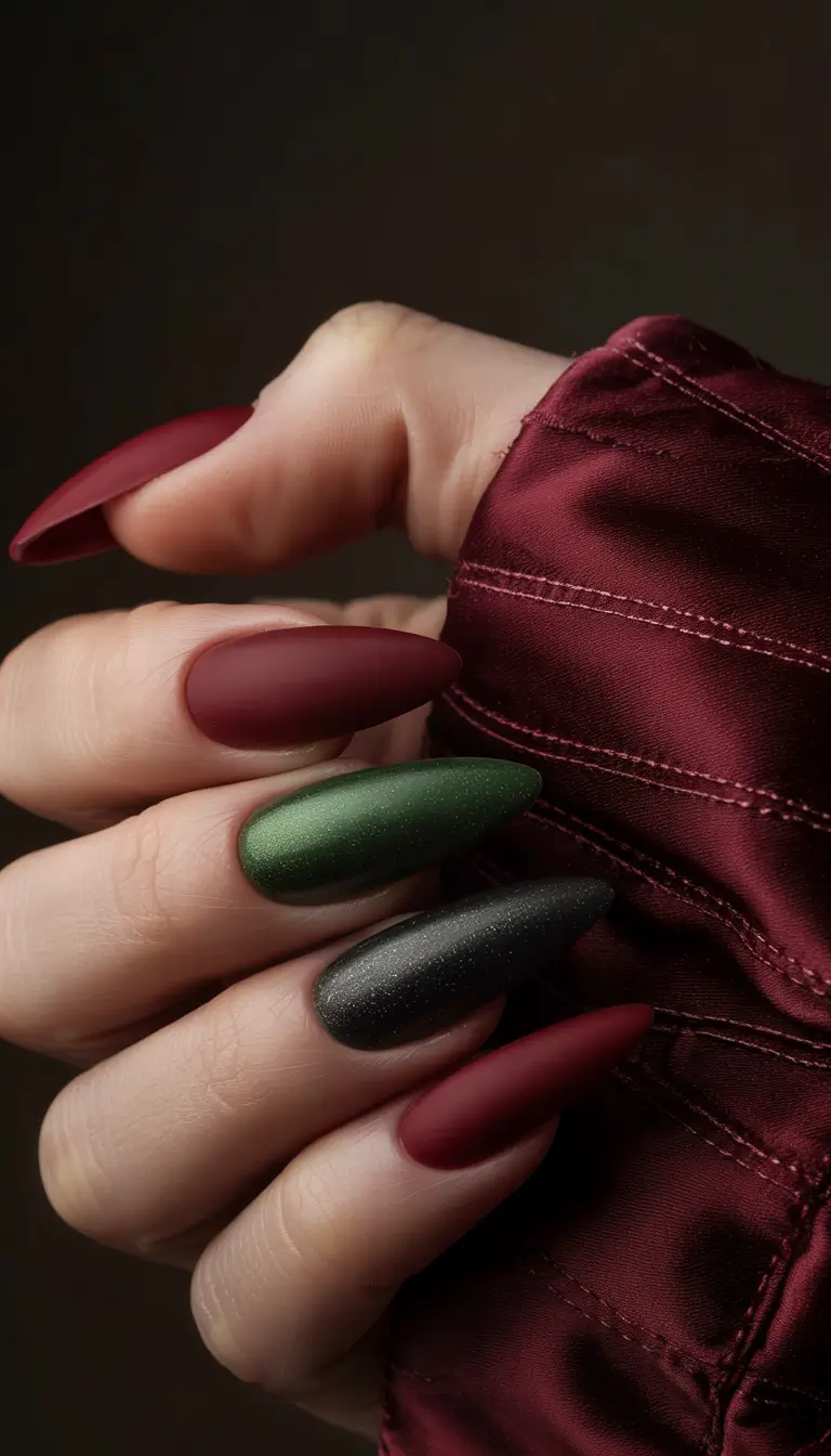 August nails color Velvet Wine and Forest Shift