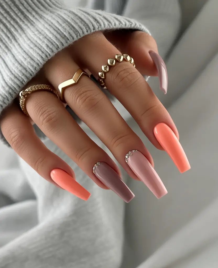 August nails color Coral & Clay With Crystals
