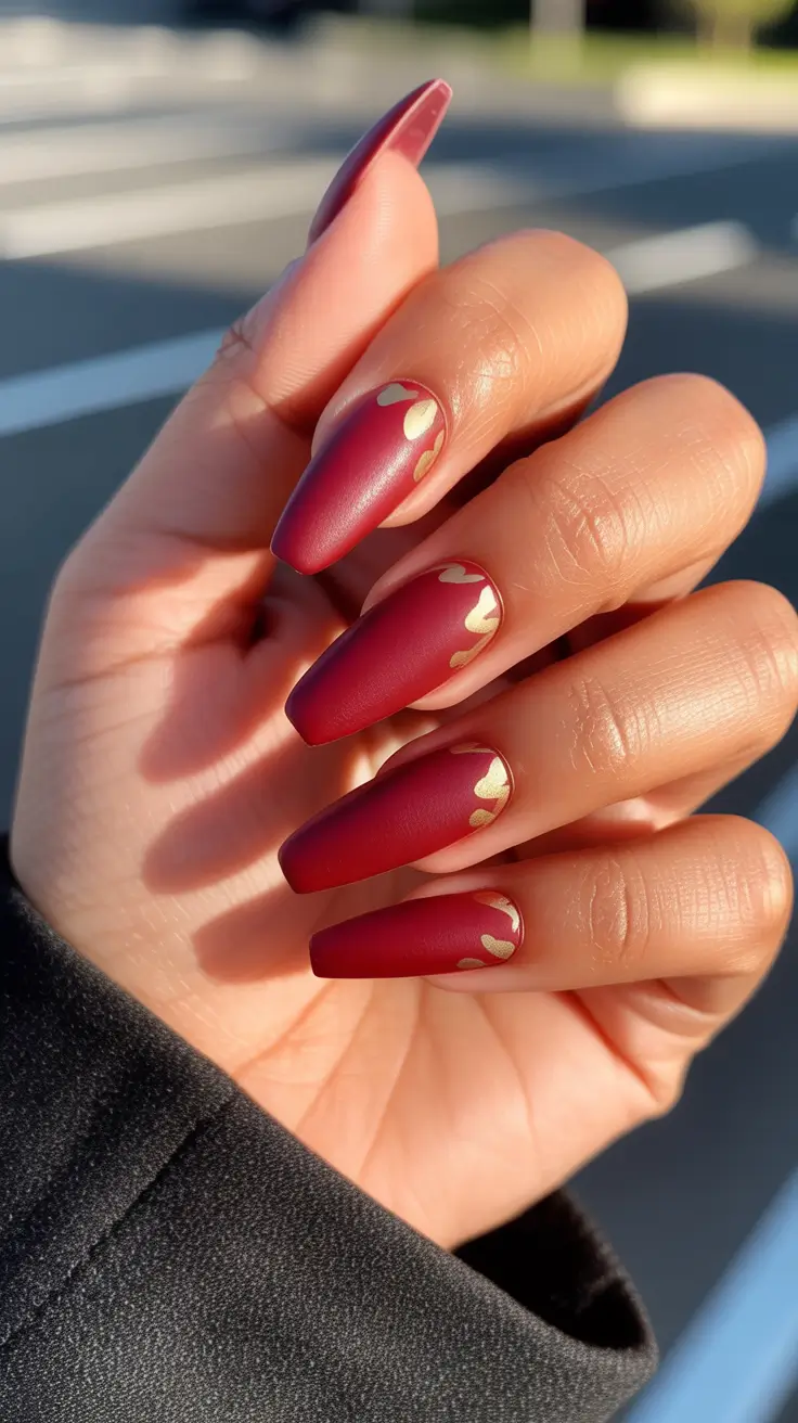 August nails color Maroon Matte With Metallic Love