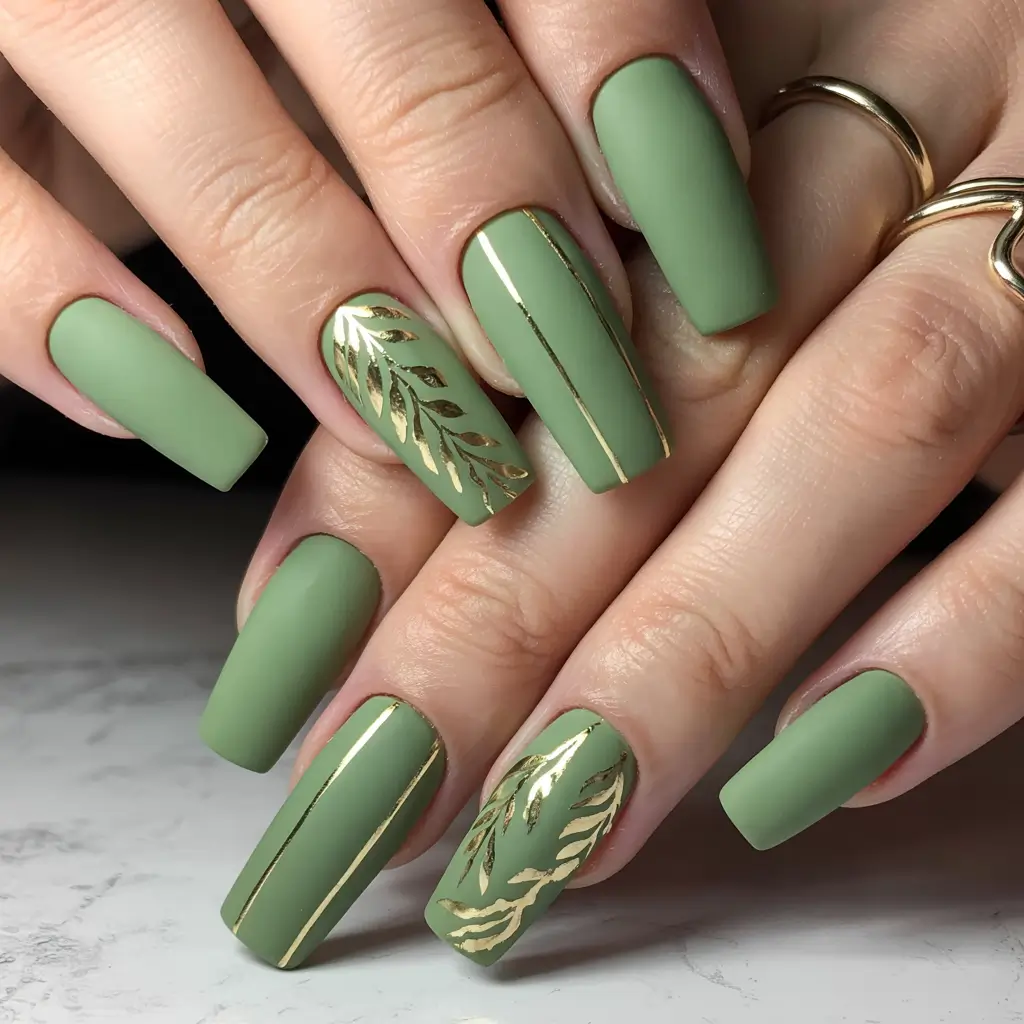 August nails color Sage Lines & Golden Leaves