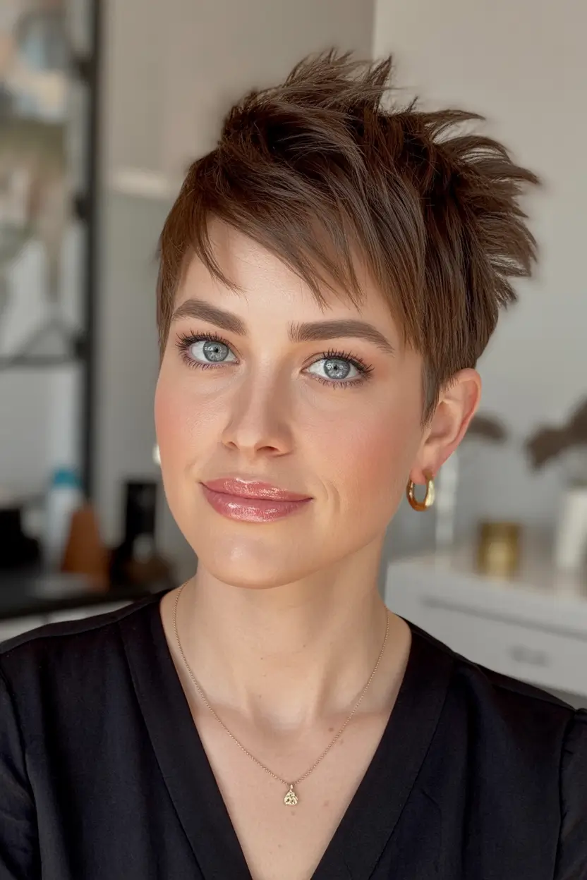 Fall Hair Colors for Cool Skin Tones Textured Mahogany Pixie with Flipped Fringe