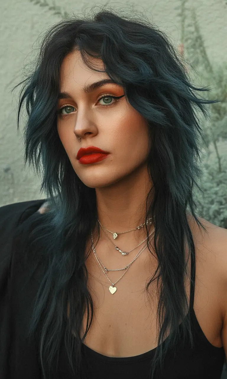 Fall Hair Colors for Cool Skin Tones Black-Teal Wolf Cut with Soft Layers