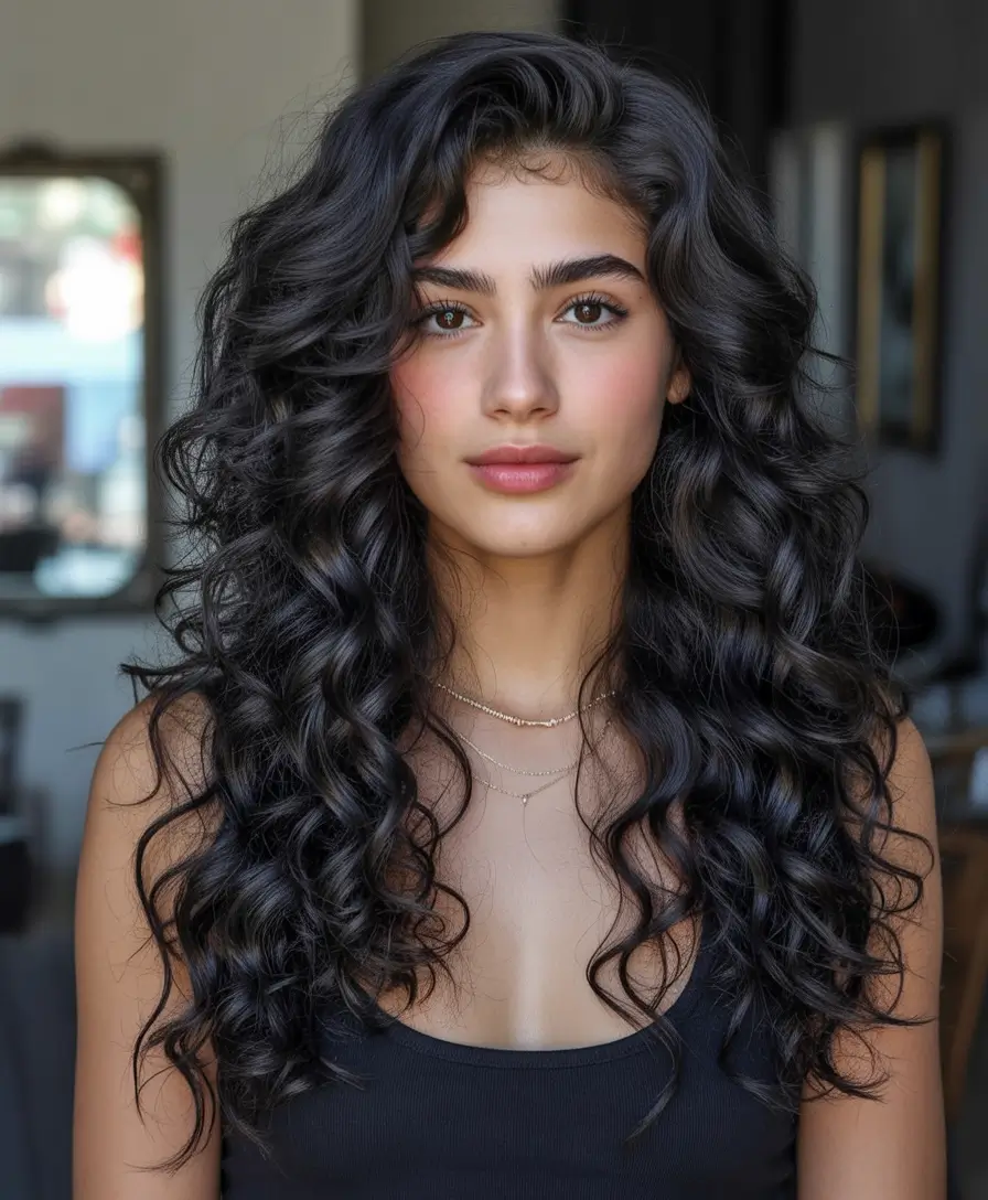 Fall Hair Colors for Cool Skin Tones Glossy Jet Black Ringlets with Mid-Length Layers
