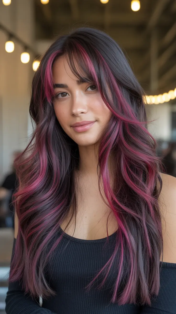 Fall haircut Pink Peekaboo Panels on Dark Layers
