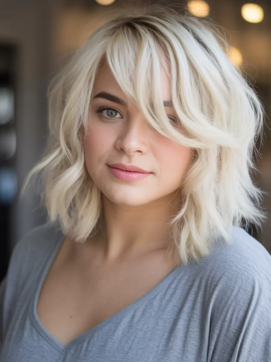 Fall haircuts for plus size women Platinum Tousled Lob with Soft Curtain Layers