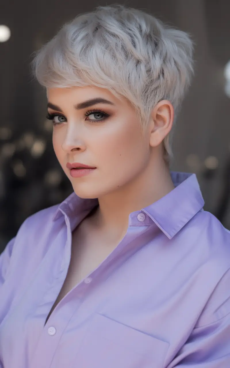 Fall haircuts for plus size women Textured Long Pixie with Silver Blonde Hue