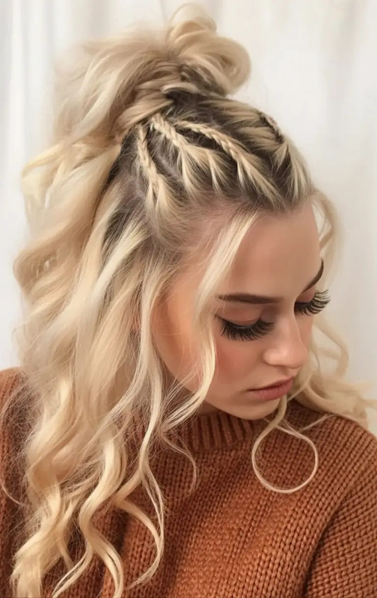 easy fall hairstyles Boho Braided Top Knot With Waves