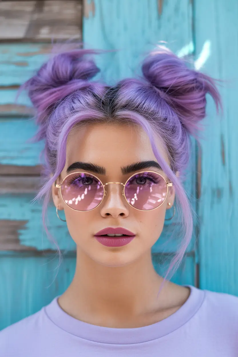easy fall hairstyles Space Buns with Lavender Dreams