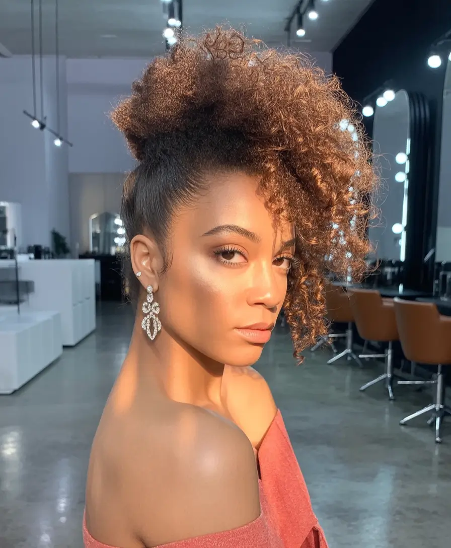easy fall hairstyles High Puff with Coiled Bangs